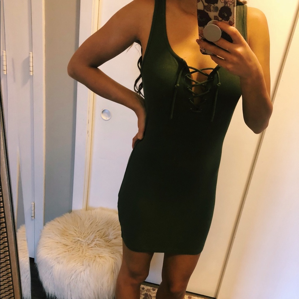 Army Green Lace-Up Body-con Dress